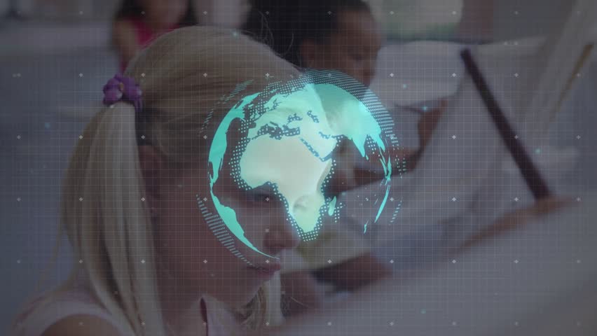 Student tapping tablet stylus triggers rotating globe pulsing circuits updating chart for education. Interactive, technology, learning, digital, education, futuristic, innovation - Powered by Shutterstock - Get 15% off with code: PIKWIZARD15