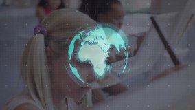 Student tapping tablet stylus triggers rotating globe pulsing circuits updating chart for education. Interactive, technology, learning, digital, education, futuristic, innovation - Powered by Shutterstock - Get 15% off with code: PIKWIZARD15