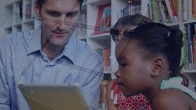 Teacher tapping tablet showing content in school eliciting kids surprise as hologram data animates. Education, learning, technology, discovery, curiosity, engagement, innovation - Powered by Shutterstock - Get 15% off with code: PIKWIZARD15