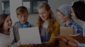 Students gathering around laptop, opening screen causing binary overlay for school coding project. Collaboration, innovation, teamwork, technology, education, youth, learning - Powered by Shutterstock - Get 15% off with code: PIKWIZARD15
