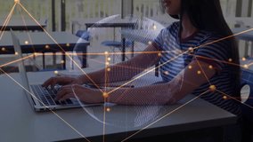 teenage girl tech student typing on laptop at cafe forming network overlay and rotating data globe. Futuristic, digital, innovation, learning, connectivity, urban, modern - Powered by Shutterstock - Get 15% off with code: PIKWIZARD15
