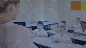 Female teacher tapping tablet, projecting 3D interface engaging students raising hands in education. Education, classroom, technology, innovation, learning, digital, interaction - Powered by Shutterstock - Get 15% off with code: PIKWIZARD15