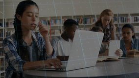 Teenage girl typing on laptop with classmates initiating data curves intensifying study flow. Collaboration, education, technology, innovation, teamwork, learning, data visualization - Powered by Shutterstock - Get 15% off with code: PIKWIZARD15