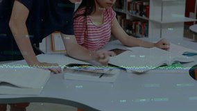 Teens studying in library girl pointing textbook launching graph overlays enhancing learning. Collaboration, education, concentration, intellectual, digital, teamwork, academic - Powered by Shutterstock - Get 15% off with code: PIKWIZARD15