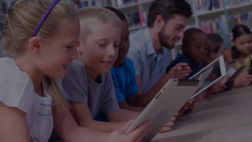 Children tapping and swiping tablets in library while teacher guiding education with binary overlay. Digital literacy, education, youth, teamwork, technology, innovation, learning environment - Powered by Shutterstock - Get 15% off with code: PIKWIZARD15