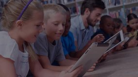 Children tapping and swiping tablets in library while teacher guiding education with binary overlay. Digital literacy, education, youth, teamwork, technology, innovation, learning environment - Powered by Shutterstock - Get 15% off with code: PIKWIZARD15