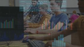 Instructor entering computer lab and pointing to guide students as animated data charts fading in. Education, training, classroom, technology, mentorship, analysis, collaboration - Powered by Shutterstock - Get 15% off with code: PIKWIZARD15