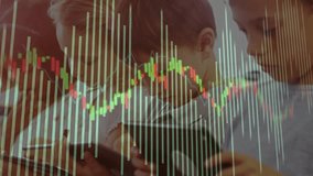 Center child swiping and right child tapping tablets at desk while chart showing market data. Educational, collaborative, technology, innovation, youth, interactive, learning - Powered by Shutterstock - Get 15% off with code: PIKWIZARD15