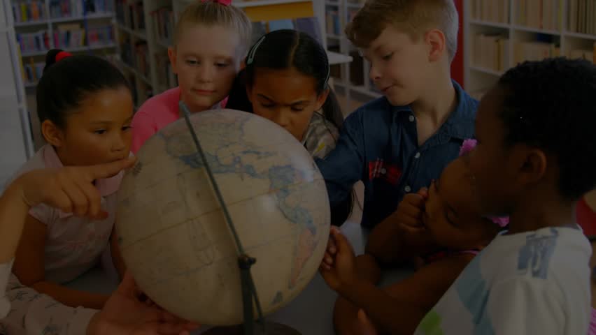 Teacher spinning globe and guiding students while network nodes growing around it showing learning. Education, collaboration, innovation, connectivity, exploration, knowledge, youth - Powered by Shutterstock - Get 15% off with code: PIKWIZARD15