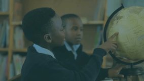 Girl placing hand on globe and spinning while classmates drawing locations with pencil for lesson. Educational, teamwork, exploration, curiosity, learning, classroom, diversity - Powered by Shutterstock - Get 15% off with code: PIKWIZARD15