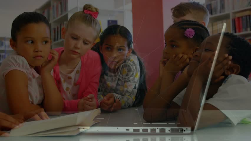 Teacher pointing book starting edtech globe network icons appearing over students exploring network. Educational, collaborative, digital, innovative, young learners, interactive, multicultural - Powered by Shutterstock - Get 15% off with code: PIKWIZARD15