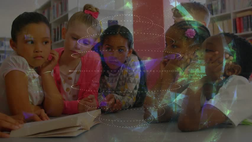 group of children exploring open book school library, glow spawning data network, teacher guiding. Collaboration, learning, digital connectivity, education, teamwork, innovation, technology - Powered by Shutterstock - Get 15% off with code: PIKWIZARD15
