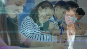 Students writing as map appearing sparking rotating rings icons network lines overlaying classroom. Education, e-learning, digital, connectivity, collaboration, technology, classroom - Powered by Shutterstock - Get 15% off with code: PIKWIZARD15