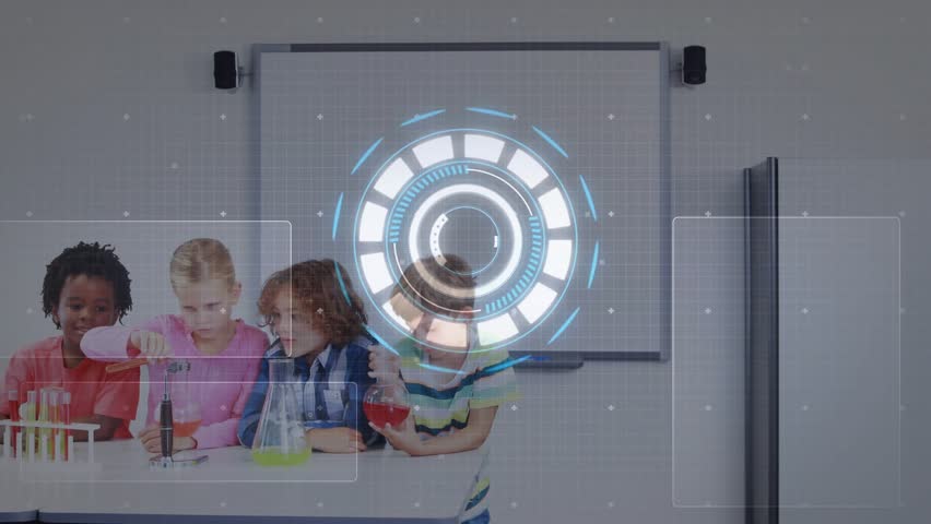 Elementary boys picking test tubes pouring liquids with holographic graphics in science experiment. Children, laboratory, science, education, innovation, experimentation, teamwork - Powered by Shutterstock - Get 15% off with code: PIKWIZARD15