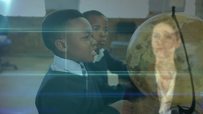 Teacher guiding students learning geography with hologram animating globe after student touching it. Education, innovation, classroom, technology, collaboration, discovery, futuristic - Powered by Shutterstock - Get 15% off with code: PIKWIZARD15