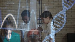 On opening teacher holding clipboard writing as students watching DNA helix waveform for science. Education, collaboration, innovation, learning, classroom, stem, youth - Powered by Shutterstock - Get 15% off with code: PIKWIZARD15