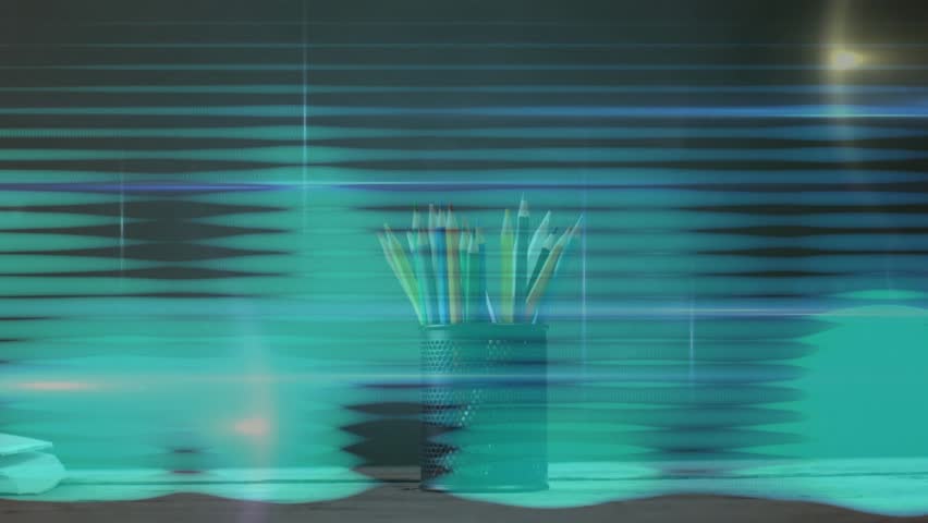 Teal purple scan lines sweeping downward over fixed pencil holder and books showing glitch effect. Abstract, digital disruption, modern, artistic, technology, creative, futuristic - Powered by Shutterstock - Get 15% off with code: PIKWIZARD15