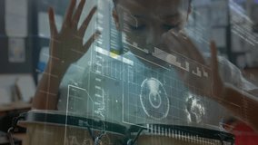 Child sitting at bongo drums raising hands into virtual bar graphs pulsing world map for education. Interactive, futuristic, technology, innovation, education, digital, young learner - Powered by Shutterstock - Get 15% off with code: PIKWIZARD15