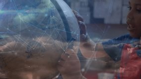 Education student placing hand on globe spinning while cloud network lines showing connectivity. Global, exploration, innovation, learning, technology, curiosity, discovery - Powered by Shutterstock - Get 15% off with code: PIKWIZARD15