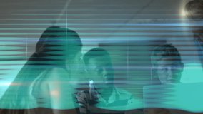 Mentor entering and pointing at tablet while students gather around glitch screen for learning. Collaboration, education, technology, mentorship, teamwork, innovation, digital - Powered by Shutterstock - Get 15% off with code: PIKWIZARD15