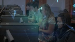 Students typing in tech lab causing polygons converging into rotating 3D globe showing connectivity. Collaboration, innovation, digital, futuristic, education, technology, virtual - Powered by Shutterstock - Get 15% off with code: PIKWIZARD15