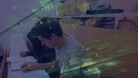 Students taking notes in lecture hall and activating digital grid drifting diagonally across desks. Education, collaboration, innovation, technology, concentration, learning, university - Powered by Shutterstock - Get 15% off with code: PIKWIZARD15