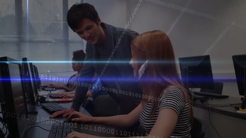 Upon student pausing code, instructor guiding corrections in lab, binary streams overlaying screen. Education, mentorship, technology, programming, teamwork, digital, innovation - Powered by Shutterstock - Get 15% off with code: PIKWIZARD15