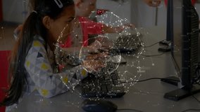 Student typing on keyboard fading in digital network globe overlay with teacher pointing key guide. Education, technology, digital, collaboration, classroom, innovation, learning - Powered by Shutterstock - Get 15% off with code: PIKWIZARD15