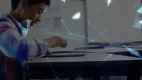 Teenage boy tapping tablet screen and generating holographic data globe for classroom learning. Futuristic, innovation, education, technology, hologram, data visualization, digital - Powered by Shutterstock - Get 15% off with code: PIKWIZARD15