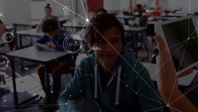 Teacher holding tablet over student desk tapping screen and generating AR nodes supporting lesson. Education, technology, innovation, digital, classroom, collaboration, learning - Powered by Shutterstock - Get 15% off with code: PIKWIZARD15