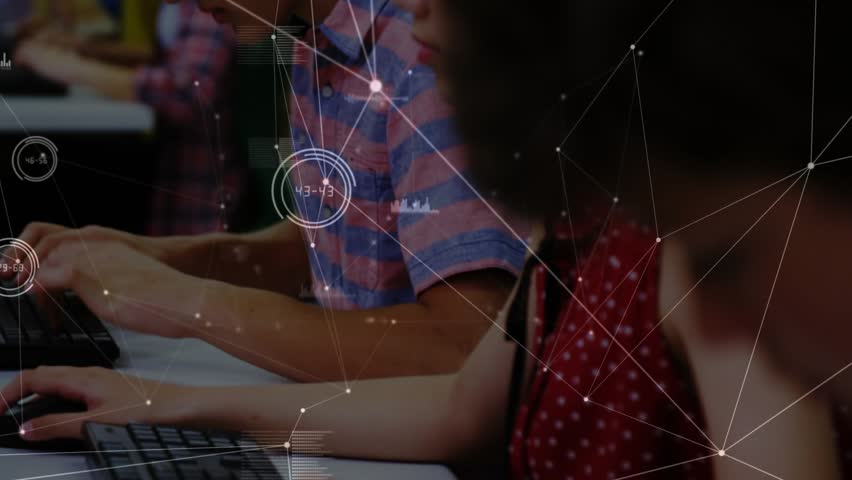 Student typing keyboard in computer lab initiating network overlay as instructor guiding learning. Technology, collaboration, education, digital, innovation, classroom, mentorship - Powered by Shutterstock - Get 15% off with code: PIKWIZARD15