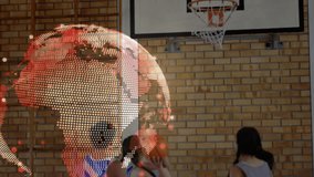 Six basketball players gathering under hoop, holographic globe emerging guiding shot in sports gym. Team, sports, digital, innovation, youth, training, energetic - Powered by Shutterstock - Get 15% off with code: PIKWIZARD15