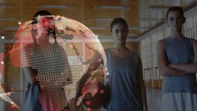 teenage basketball teammates positioning at center court and activating globe hologram showing tech. Youth, sports, innovation, digital, teamwork, futuristic, energy - Powered by Shutterstock - Get 15% off with code: PIKWIZARD15