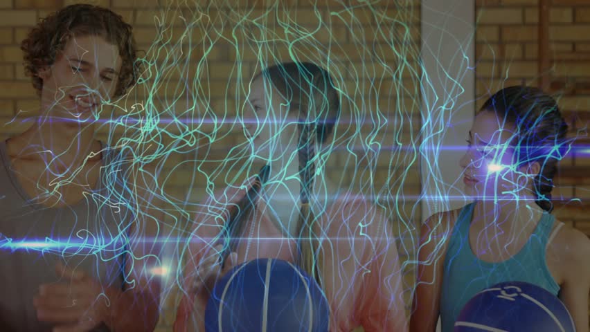 Three teens holding basketballs in gym training with glitch pulsing receding preparing drill. Athletics, teamwork, youth, digital, technology, sport, fitness