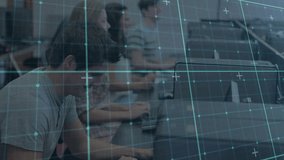 Students typing at campus lab for study initiating grid overlay while front student pausing smiling. Technology, education, collaboration, innovation, digital, workspace, modern - Powered by Shutterstock - Get 15% off with code: PIKWIZARD15