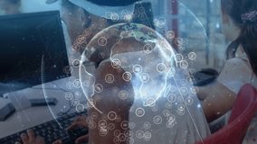 Student typing keyboard in tech lab and activating pulsing digital globe overlay framing smile. Technology, collaboration, innovation, futurism, education, digital, networking - Powered by Shutterstock - Get 15% off with code: PIKWIZARD15