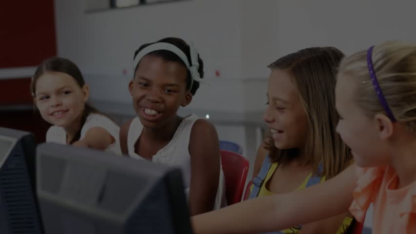 four students collaborating on education task typing glowing network nodes linking across view. Children, technology, innovation, learning, connectivity, collaboration, digital - Powered by Shutterstock - Get 15% off with code: PIKWIZARD15