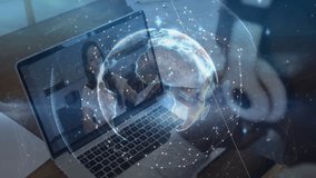 Man lifting laptop lid initiating rotating 3D globe overlaying network data during business meeting. Technology, communication, virtual, connectivity, digital, innovation, professional - Powered by Shutterstock - Get 15% off with code: PIKWIZARD15