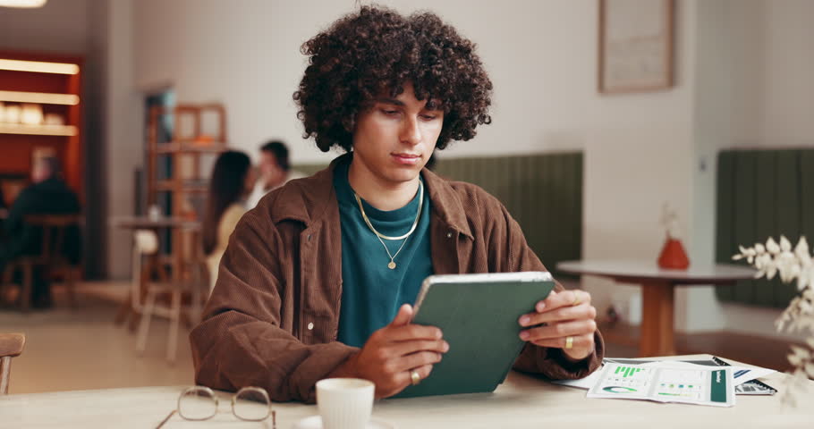Face, smile and man in coffee shop as freelancer, funny content writer or campaign graphs on tablet. Remote work, portrait or happy copywriter in cafe with tech for blog analysis, confidence or laugh