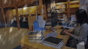 female patron handing volume to librarian registering library loan overlaying year stamps. Library, hospitality, modern, education, professional, interaction, organizational - Powered by Shutterstock - Get 15% off with code: PIKWIZARD15