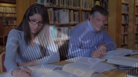 Two students writing in library as data visuals sliding over pages merging study with tech overlay. Learning, collaboration, analysis, innovation, focus, education, digital - Powered by Shutterstock - Get 15% off with code: PIKWIZARD15
