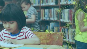 Boy turning pages at library table, network overlay appearing with currency and graph icons. Education, technology, innovation, collaboration, curiosity, learning, stem - Powered by Shutterstock - Get 15% off with code: PIKWIZARD15