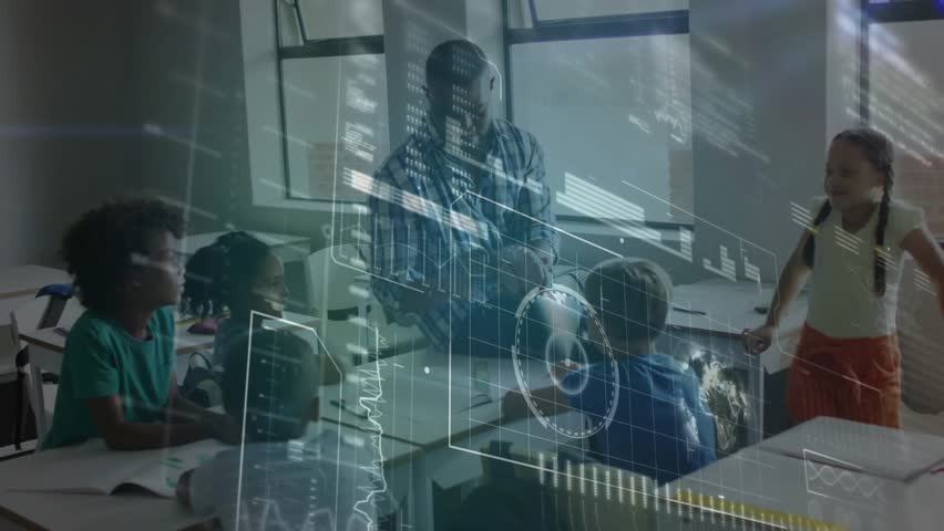 Teacher turning globe and explaining geography for education, students pointing at holographic map. Education, classroom, innovation, technology, collaboration, curiosity, learning - Powered by Shutterstock - Get 15% off with code: PIKWIZARD15