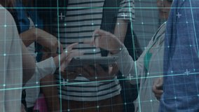 Man advancing tablet in office, colleagues collaborating, interacting with business chart. Collaboration, teamwork, digital, technology, innovation, discussion, communication - Powered by Shutterstock - Get 15% off with code: PIKWIZARD15