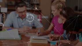 Teacher initiating technology network overlay while students writing in library new student smiling. Collaboration, education, innovation, learning, digital, teamwork, academic - Powered by Shutterstock - Get 15% off with code: PIKWIZARD15