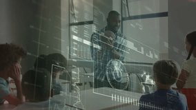 Teacher tapping sphere and panning hologram revealing rotating globe charts for student learning. Education, innovation, technology, future, collaboration, exploration, visualization - Powered by Shutterstock - Get 15% off with code: PIKWIZARD15