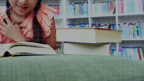 Turning page sparking schoolgirl reading at table with floating science icons visualizing learning. Education, discovery, curiosity, innovation, science, learning, childhood - Powered by Shutterstock - Get 15% off with code: PIKWIZARD15