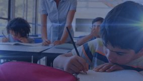 Teacher entering classroom pressing textbook initiating student writing help with animated pencils. Education, learning, classroom, student engagement, instructional, academic, teaching - Powered by Shutterstock - Get 15% off with code: PIKWIZARD15