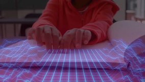 Child tapping tabletop, interacting with blue grid hologram and pulsing wave for education. Futuristic, edtech, innovation, digital, immersive, youthful, technology - Powered by Shutterstock - Get 15% off with code: PIKWIZARD15
