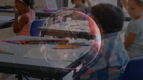 Digital globe fading, teacher questioning, education students raising hands, girl standing speaking. Learning, childhood, collaboration, innovation, creativity, classroom, teamwork - Powered by Shutterstock - Get 15% off with code: PIKWIZARD15